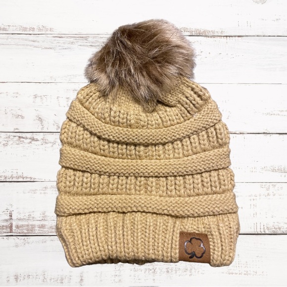 Clover Cottage Kids Pom-Pom Beanie-Khaki One Size - Picture 1 of 2